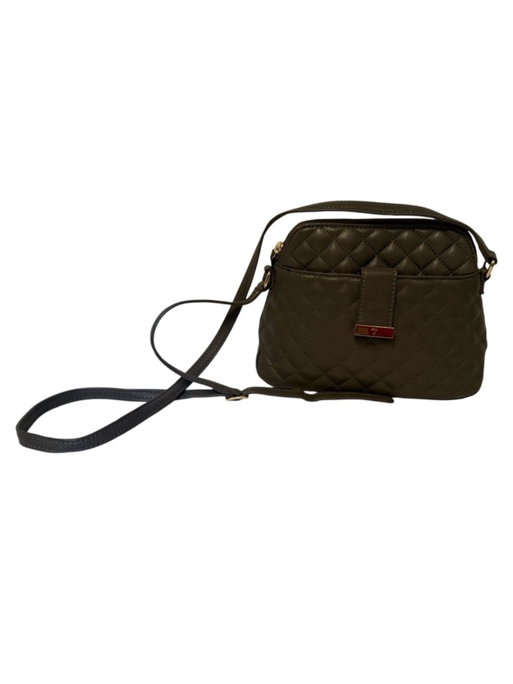 TALBOTS BAG CROSSBODY GRAY QUILTED LEATHER GOLD HARDWARE ZIP TOP LONG STRAP